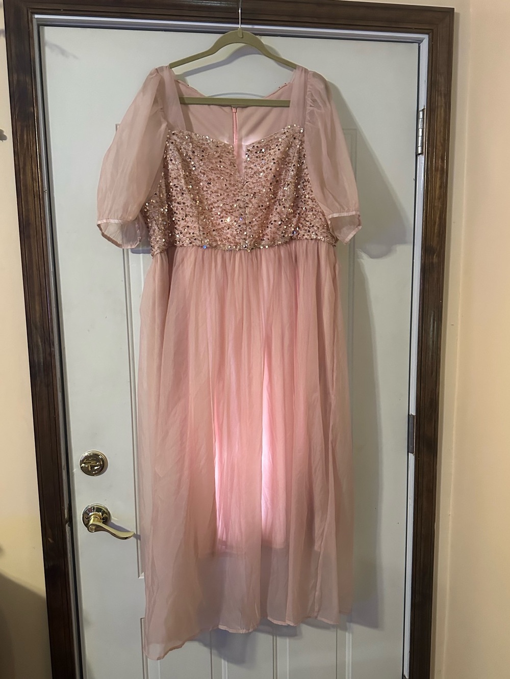 Pink Sequin Tulle Dress with Puff Sleeves
